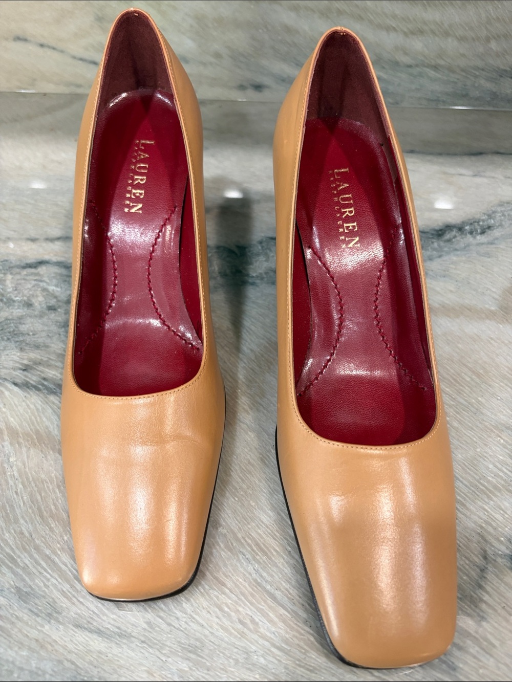 Lauren Ralph Lauren Tan Leather Square-Toe Pumps with Burgundy Insole